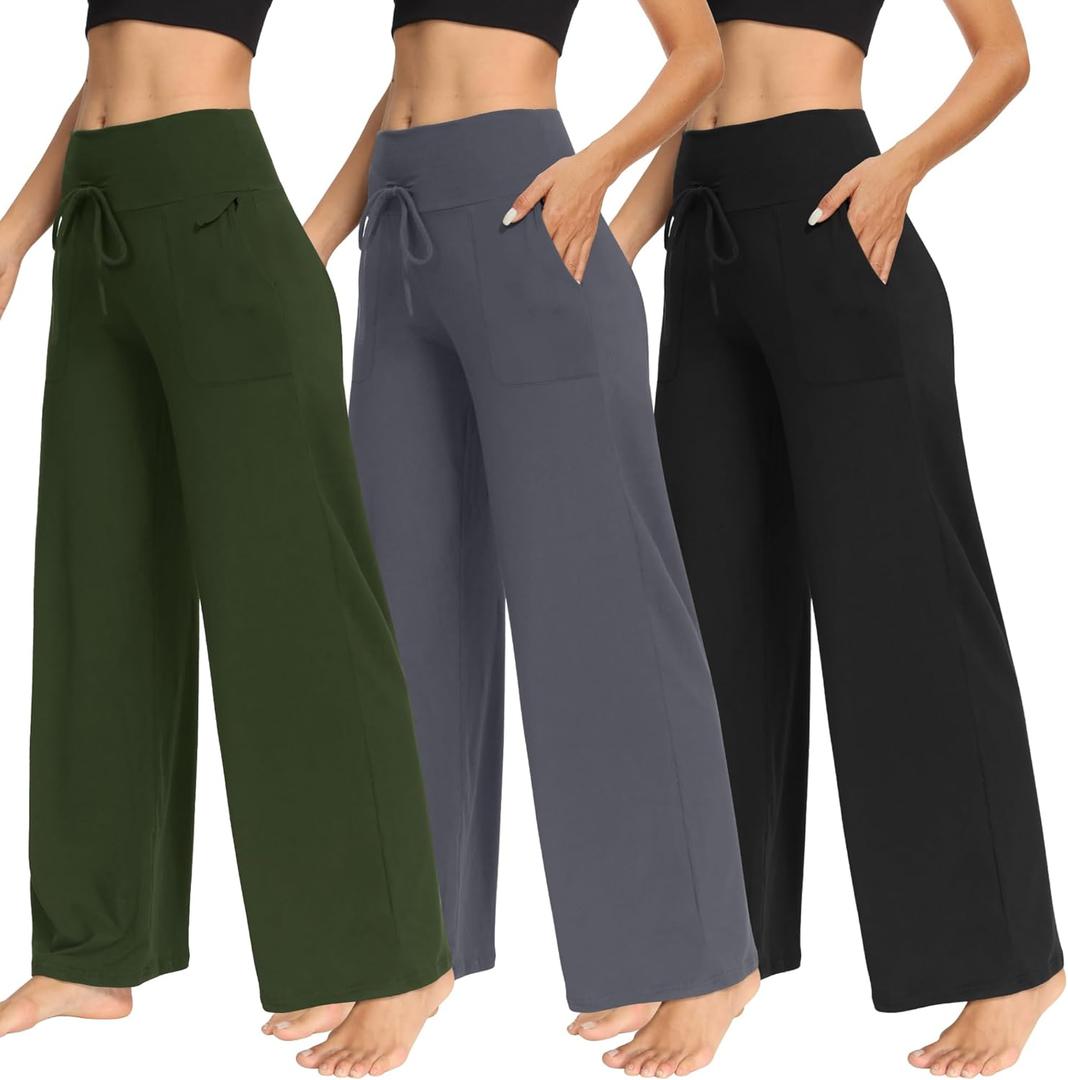 TNNZEET 3 Pack Women's Wide Leg Pants with Pockets - Casual Loose Yoga Trouser Pants Sweatpants Palazzo Lounge Pajama Pants (Green, M)