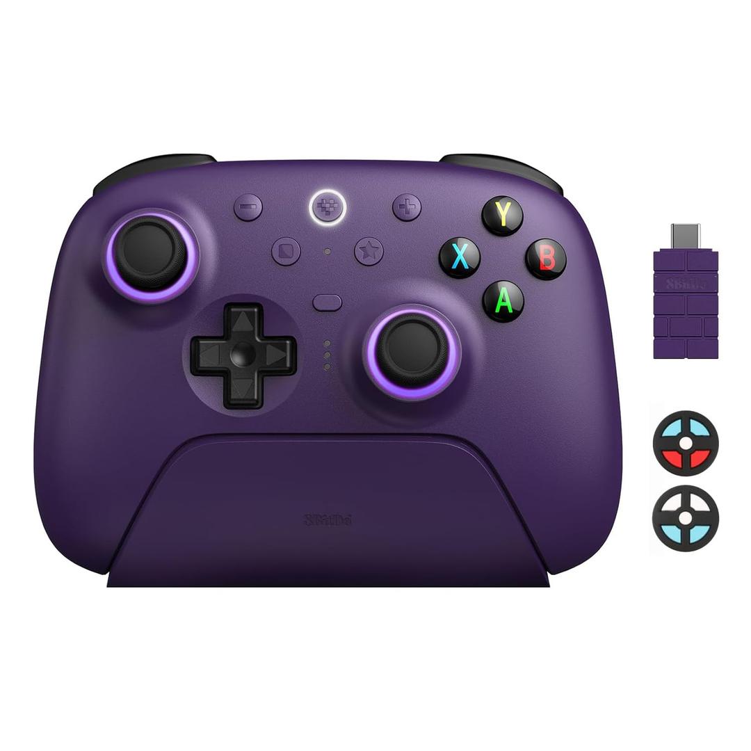 8BitDo Ultimate 2 Wireless Controller with TMR Joysticks for Windows & Android, Gaming Controller with Switchable Hall Effect/Tactile Triggers, RGB Fire Ring, 8Speed Wireless Tech, Charging Dock, Purple