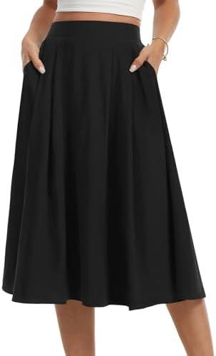 Kinnette Women's Midi Flowy Skirts Summer A-Line High Waisted Casual Below-The-Knee Skirt with Pockets S