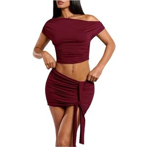 Milumia Women's 2 Piece Set Off The Shoulder Asymmetric Crop Top Ruched Tie Front Mini Skirt Going Out (Medium, Burgundy)
