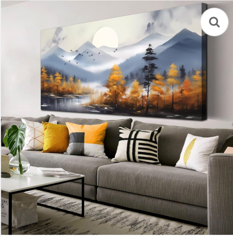 Landscape Wall Art for Living Room, Sunrise Mountain Tree Canvas Print Painting for Bedroom, Gold and Blue Picture Artwork Decor, Large Size 60x30 Inc