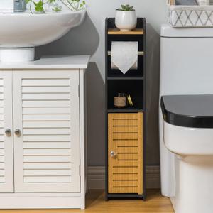 AOJEZOR Toilet Paper Holder Stand: Small Bathroom Storage Cabinet - Black - Bamboo (29.9H inch)