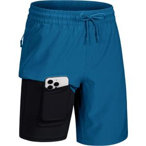 MAGCOMSEN Men's Swim Trunks with Compression Liner 9" Quick Dry Beach Shorts with Zipper Pockets (32, Peacock Blue)