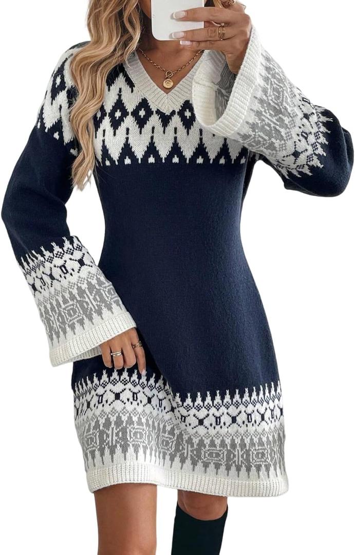 ZAFUL Sweater Dresses for Women 2025 Fall V Neck Long Sleeve Knit Color Block Fair Isle Pullover Sweaters Mini Dress (Small)