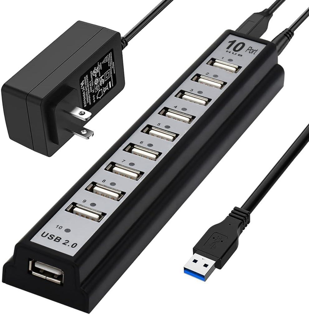 USB Hub 10-Ports, USB Hub Extender Network Splitter Adapter Fast Charging/Data Transfer with Powered, for MacBook, PC, Laptop, Mice, Keyboards