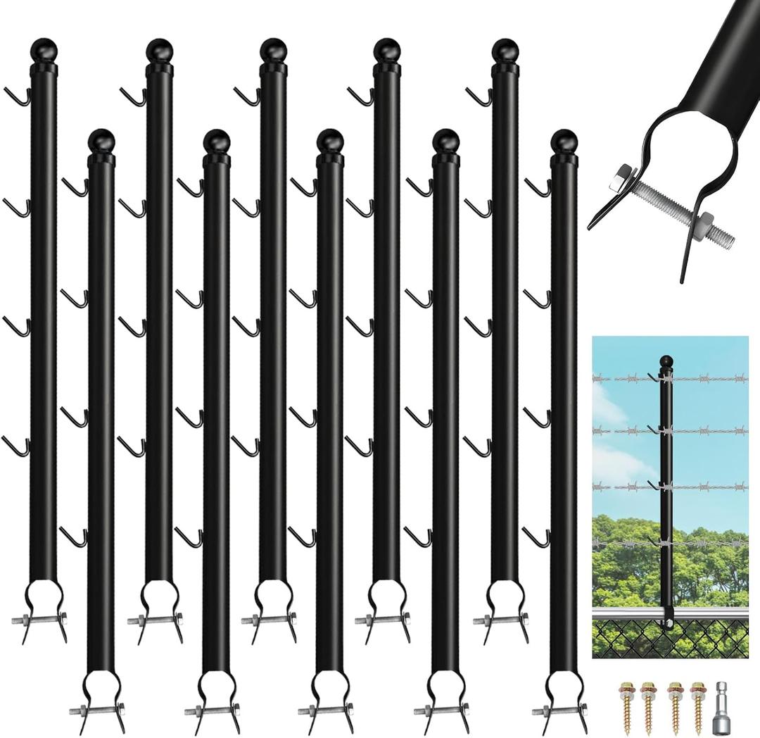 10 Pack Barbwire Arm Extensions for Chain Link Fence, 25" Barbed Wire Extend Arm for 1-3/8" to 1-5/8" Top Rail, Galvanized Steel Fence Extension with 4 Hooks, Black