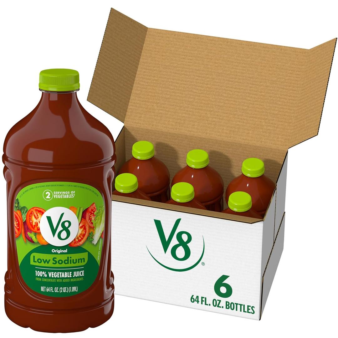 V8 Low Sodium Original 100% Vegetable Juice, 64 fl oz Bottle (6 Pack) (EXP 03/16/27)