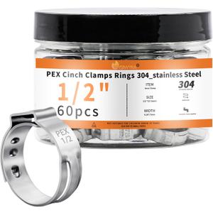 60pcs 1/2 inch PEX Cinch Clamps Rings, 304 Stainless Steel Single Ear Hose Clamps, Pex Crimp Rings for PEX Tubing Pipe Fitting Connections
