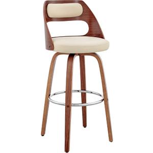 Armen Living Julius Mid Century Modern Swivel Bar Stool for Kitchen Island Counter in Cream Faux Leather and Walnut Wood, 26" Seat Height