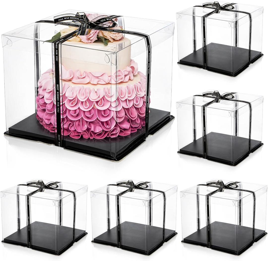 Cididu 6 Pack Large Clear Cake Box with Ribbon, Tall Cake Box Carrier 12x12x10 Inch, Tiered Transparent Cake Packaging Boxes with Lid and Board, PET Clear Gift Containers for Birthday Wedding Party