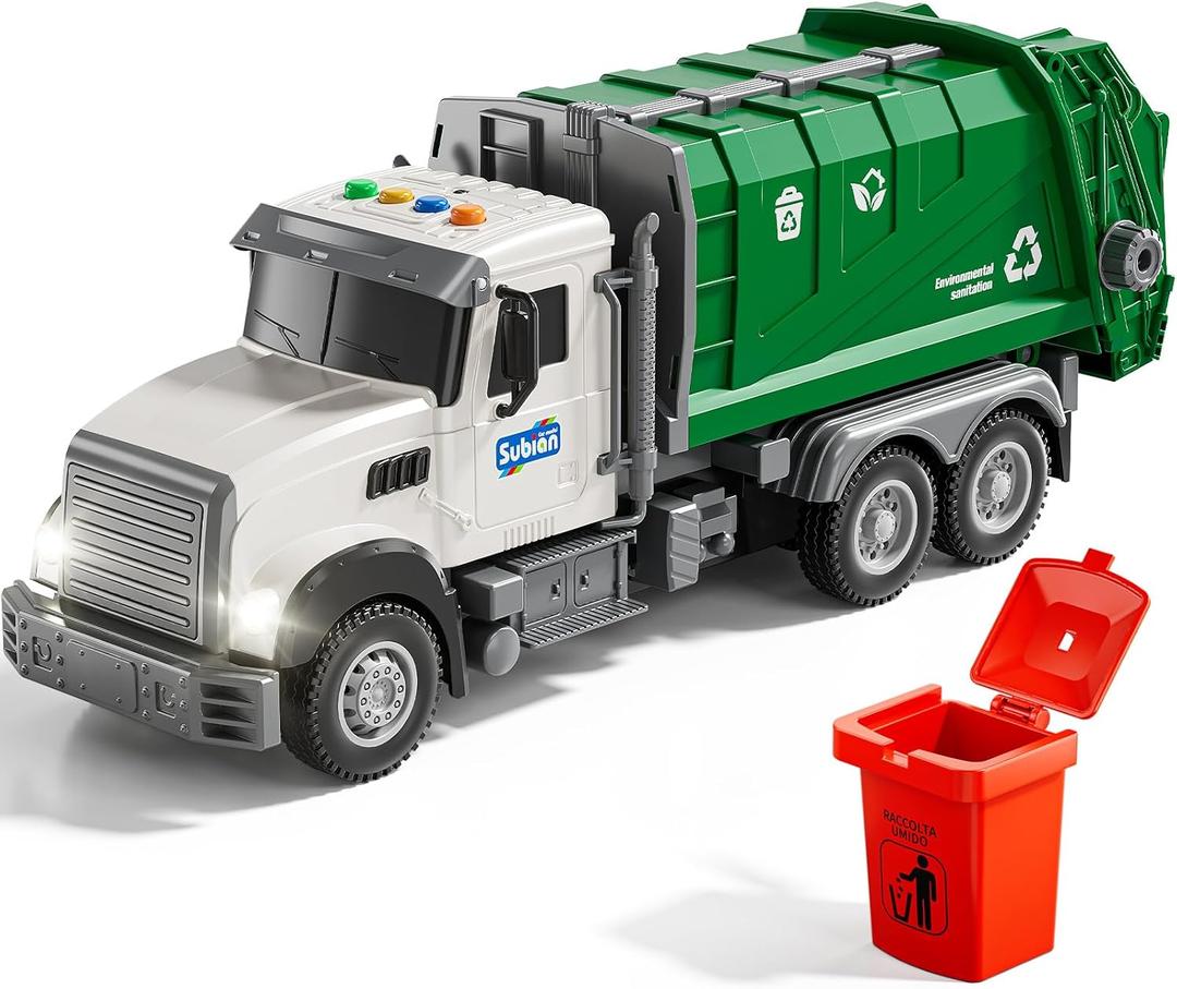 NIPLOOOW Kids Garbage Truck Toy Friction Powered Waste Management Garbage Recycling Truck with Lights, Sounds, 3 Rear Loader Trash Bins, Gifts for 3 4 5 6 7 8 Years Old Boys Girls