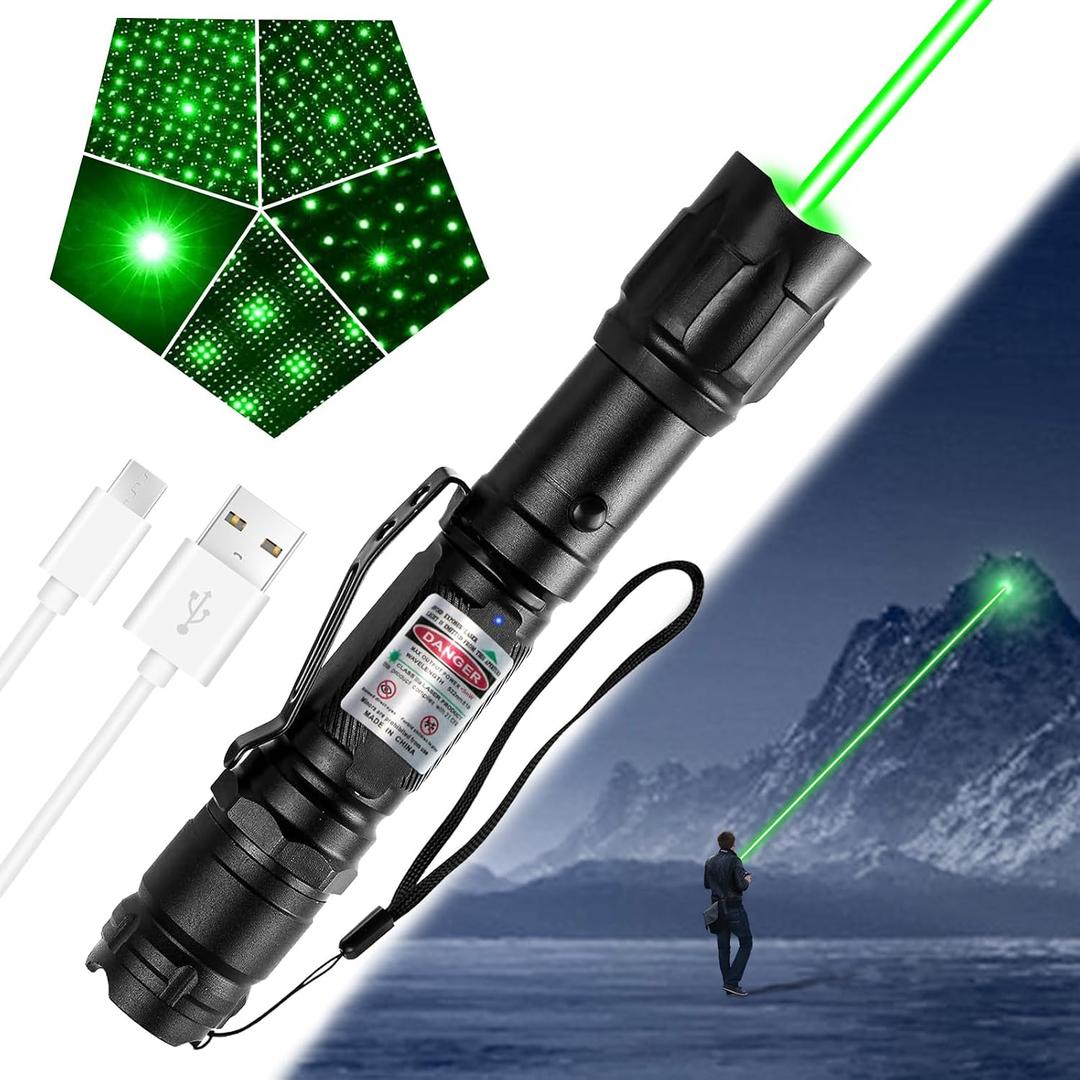 Green Laser Pointer, Rechargeable with Star Cap and Pocket Clip | Single-dot and star patterns, Type-C charging, wrist strap, for Outdoor, Astronomy, Construction, Hiking