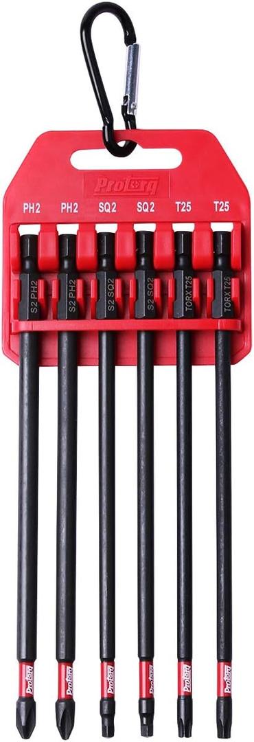 Long Impact Bit Set W/clip, 2 Phillips, 2 Square, T25 TORX, 6-Inch Length, 6-Piece,Industrial Strength, 1/4" Hex Shank