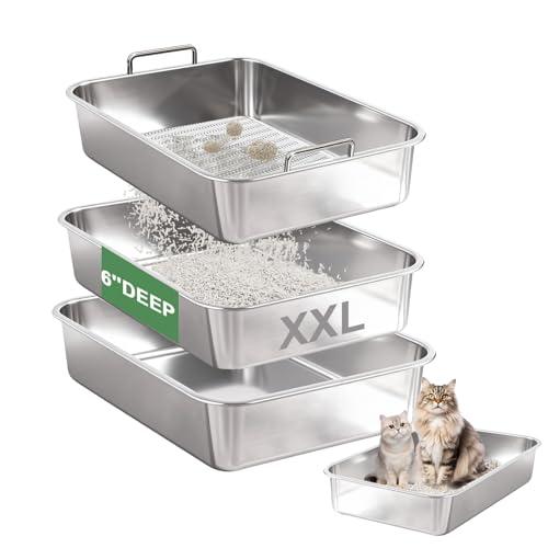 Amibud Stainless Steel Sifting Litter Box for Clumping Clay Litter, Extra Large Metal Sifting Litter Pan with Sifting System, Savings&Durable-23.6''L x 15.7''W x 6''H