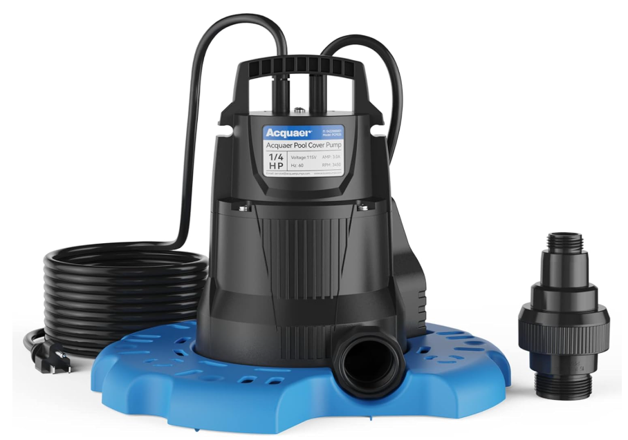 Acquaer Automatic Swimming Pool Cover Pump, Submersible Sump Pump with 3/4” Check Valve Adapter & 25ft Power Cord, Water Removal for Pool, Hot Tubs, Rooftops, Water Beds and More, 1/3 HP 2950 GPH