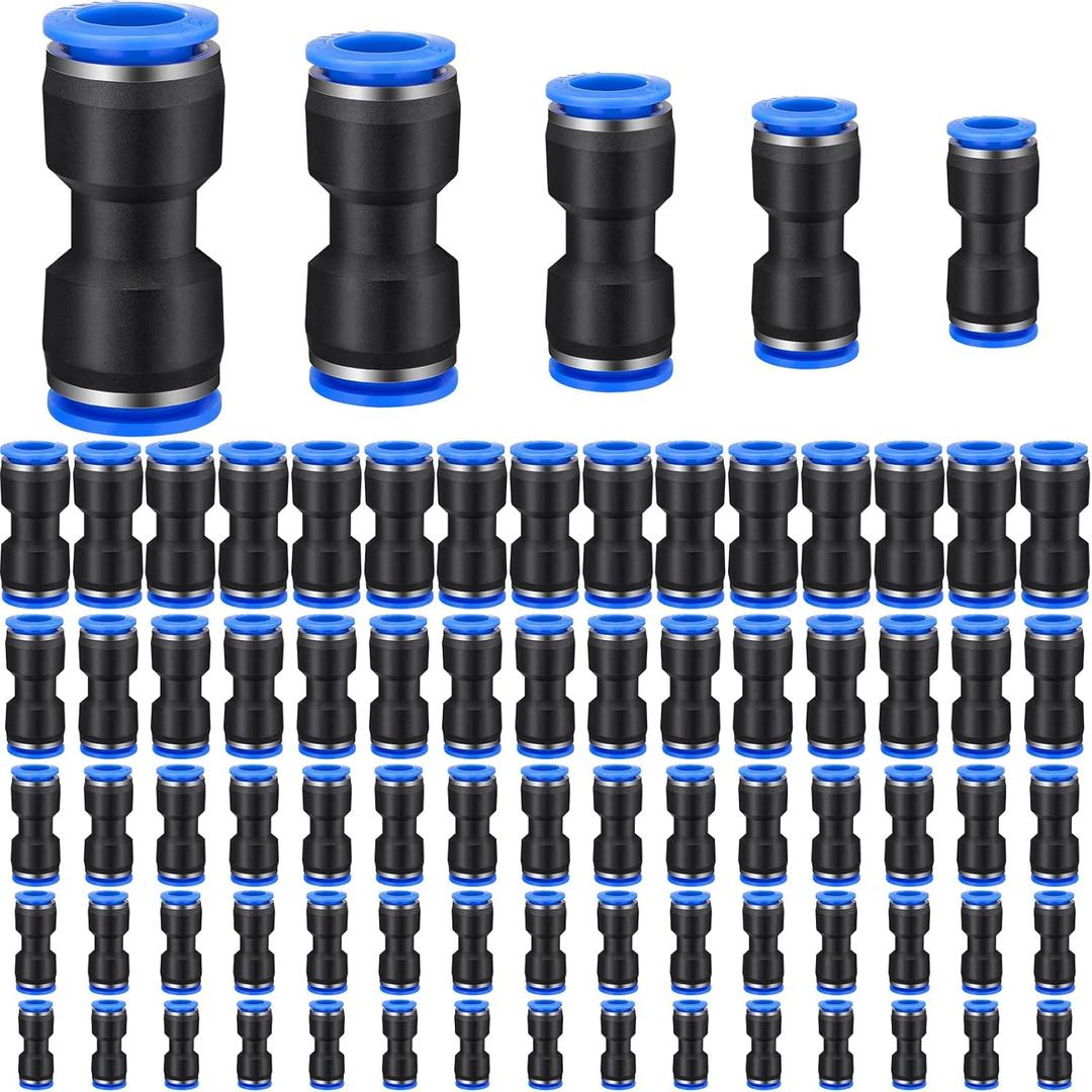 Konohan 100 Pcs Quick Connect Air Hose Fittings 1/8", 1/4", 5/16", 3/8", 1/2" Straight Push Metric Connectors Quick Release Plastic Pneumatic Air Line Fittings for Tube, Truck, Automotive, 2 Way