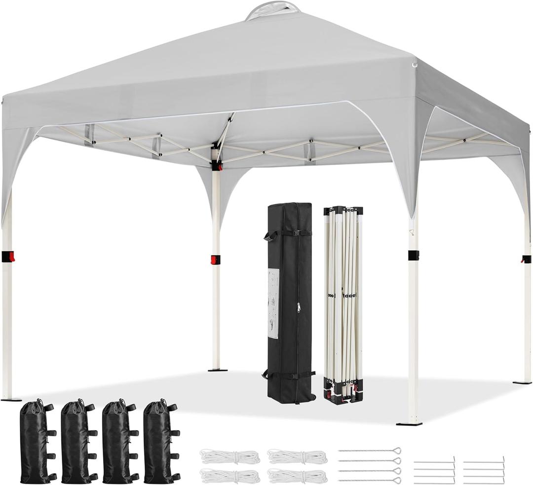 Yaheetech 10'x10' Pop Up Canopy Tent with Vent, Easy Set Up Tent, Instant Sun Shelter Canopy with Wheeled Bag, 4 Sandbags, 12 Stakes & 4 Ropes, for Parties, Beach, Outdoor, Light Gray