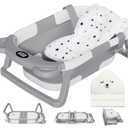 MoreFeel Collapsible Baby Bathtub for Newborn with Thermometer & 1 Hooded Towel & 1 Soft Floating Cushion,Portable Travel Bathtub with Drain Hole, Durable Foldable Baby Tubs for Infants to Toddler (Grey)