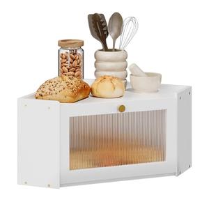 Trironsun Corner Bamboo Bread Box for Kitchen Counter Large Capacity Rustic Bread Storage Container with Wavy Arcylic Transparent Door Vintage Storage for Homemade Bread (White)