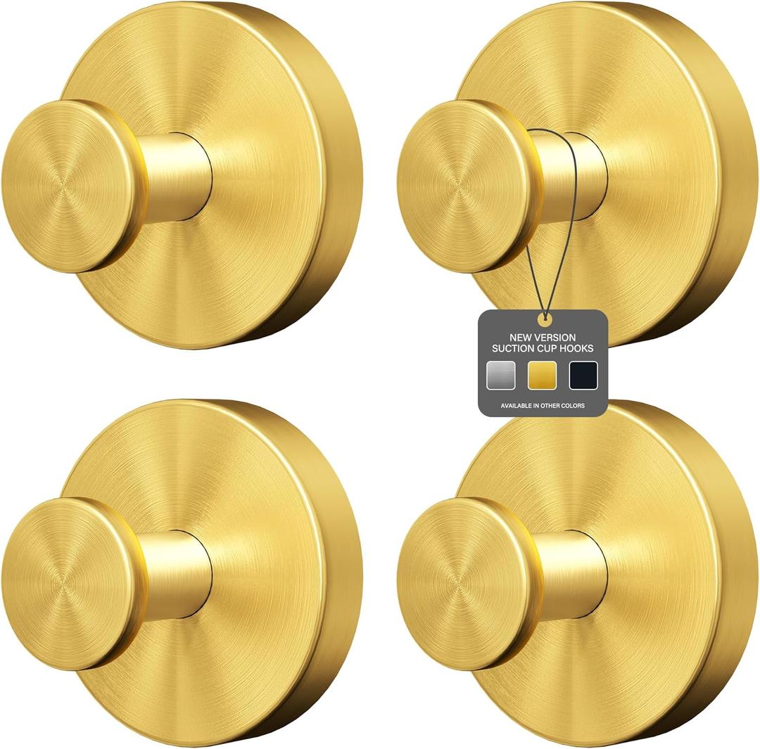 Shower Suction Cup Hooks, Heavy Duty Bathroom Wall Hooks for Towels, Robes, Loofahs, Removable Metal Hook for Tile Glass Mirror, No Drill (4 Pack, Gold)