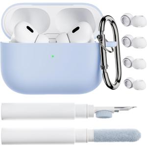 ORNARTO for AirPods Pro 2 Case, Compatible with AirPods Pro 1st/2nd Generation, Soft Silicone Cover with Cleaner Kit, Eartips Protector & Keychain-Baby Blue