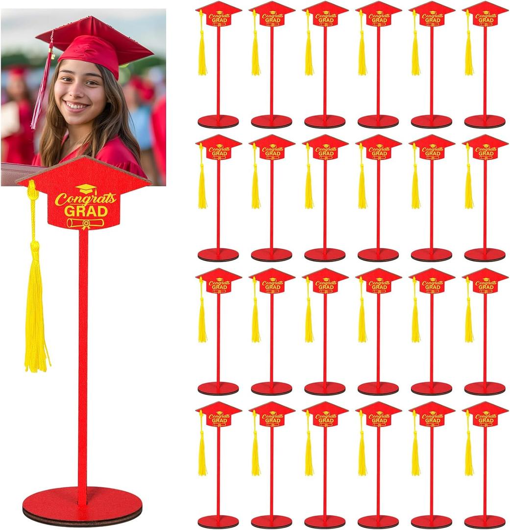 24 Pcs Graduation Cap Photo Holder with Wooden Base Wire Picture Clip Red Grad Table Number Holders Bulk Graduation Cap Decorative Card Holder for Class of 2026 Centerpieces Grad Party Supplies