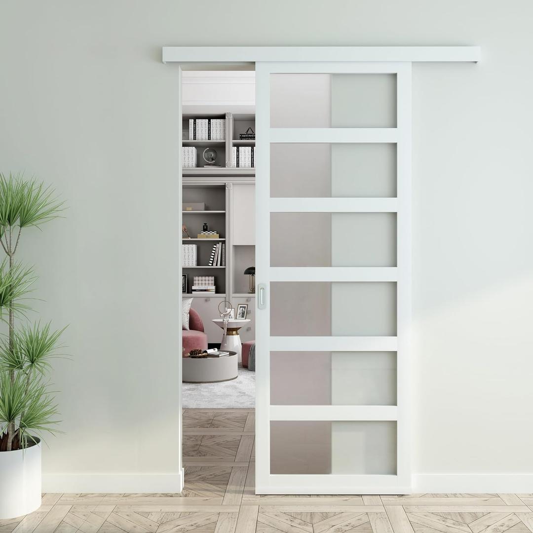 JUBEST 36"x84" White PVC Sliding Barn Door with Hardware Kit and Pull, Translucent Lightweight Plastic Barn Door, Water-Proof Acrylic Pane Door, Renter Friendly Barn Door, Easy Assembly