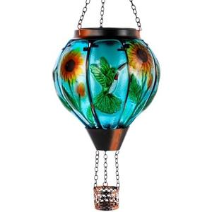 DREAMSKIP Hummingbird and Sunflower Solar Hot Air Balloon Lantern with Flame, Glass Hot Air Balloon Solar Lantern Outdoor Waterproof, Hanging Solar Lantern for Outside Garden Patio Tree Porch Yard