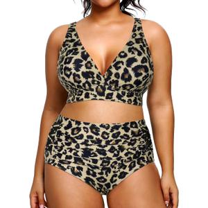 Yonique Womens Plus Size Bikini High Waisted Swimsuits Two Piece Bathing Suits Tummy Control Swimwear (Leopard 01, 16Plus)