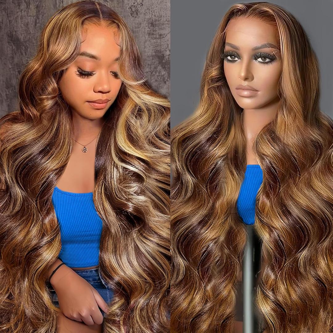 Real Human Hair Wig 30 Inch Ombre 13x6 Lace Front Wig Human Hair 210% Density 4/27 Highlight Wigs Honey Blonde Body Wave Lace Front Wig Pre Plucked HD Frontal Wig Glueless Wigs