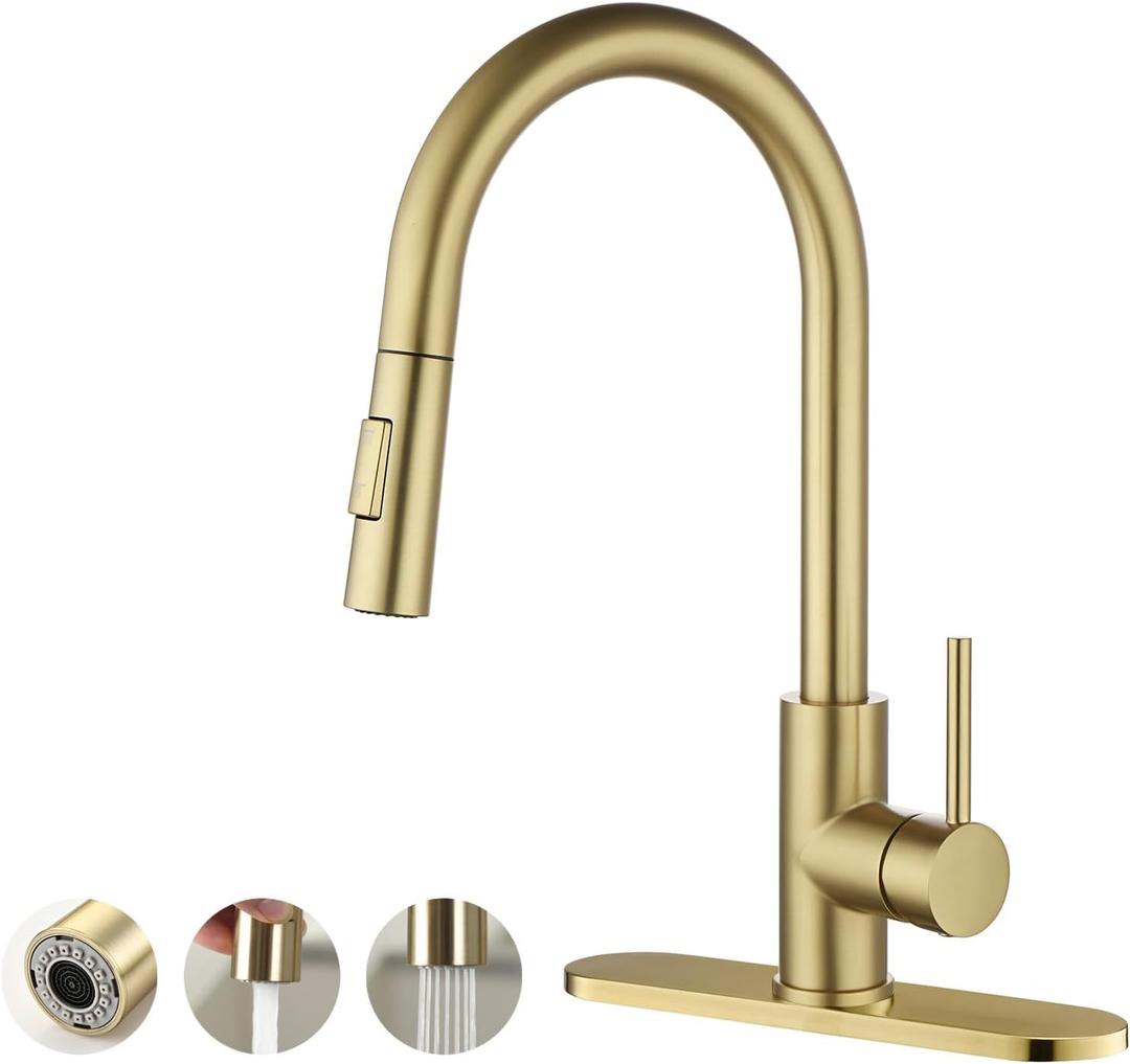 Havin Gold Kitchen Faucet with Pull Down Sprayer, High Arc SUS304 Stainless Steel, Brushed Gold Finish, cUPC Cartridge, with10 Deck Plate, Fit for 1/2/3 Holes Kitchen,Bar,Laundry Sinks