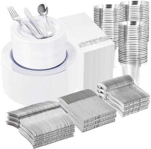 WELLIFE 700 Pieces Silver Plastic Dinnerware Set for 100 Guests - Includes Plates, Cups, Napkins, and Disposable Cutlery - Elegant White & Silver Design, Perfect for Parties and Events