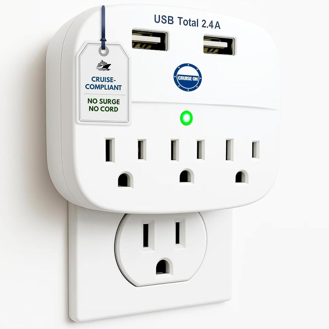 Cruise Approved Power Strip - Non Surge Protector for Cruise Ship with 2 USB Outlets - Cruise Ship Essentials 2026 for Carnival, Princess, Norwegian, Holland America, MSC & Major Cruise Lines (White)