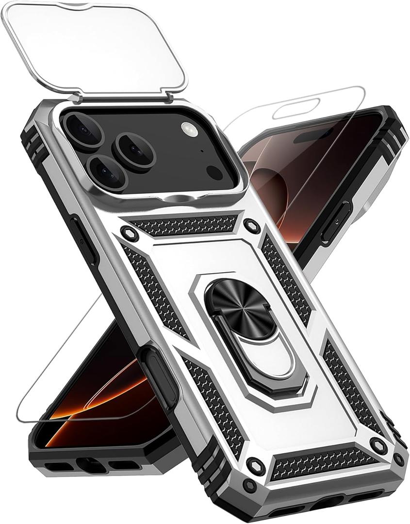 for iPhone 17 Pro Max Case, with Slide Camera Cover HD Screen Protector [Military Grade 16ft. Drop Tested] Ring Holder Kickstand Protective Phone Case for Apple iPhone 17 Pro Max, Silver