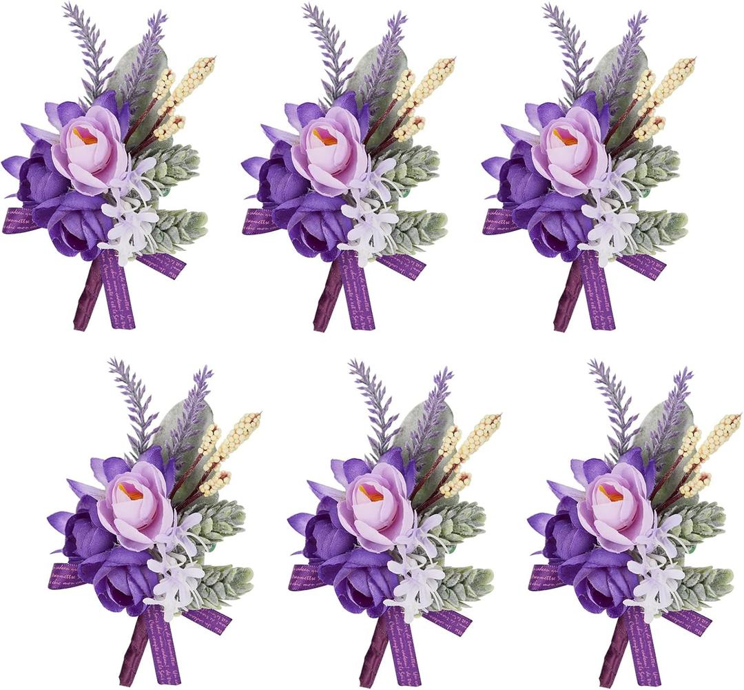 Meldel Purple Boutonniere for Men Wedding, Set of 6, Groom and Best Man Boutonniere for Wedding Ceremony Anniversary, Formal Dinner Party and Rustic Fall Wedding Marriage
