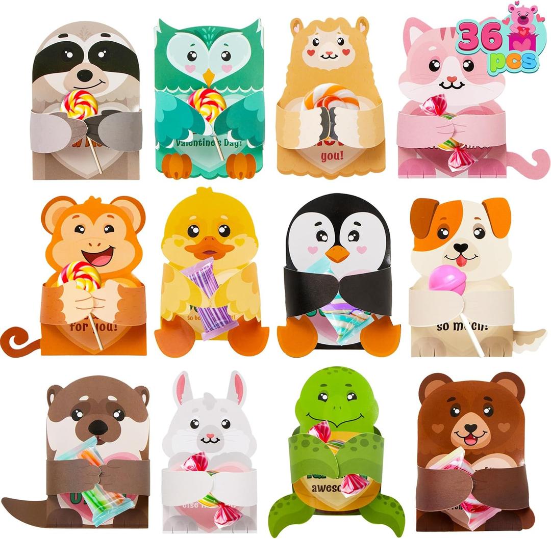 JOYIN 36 Pcs Valentines Day Gifts Cards with Animal Designs,Valentines Greeting Cards Candy Holder Cards for Kids, Valentine Classroom Exchange Cards Party Favors (Cards only)