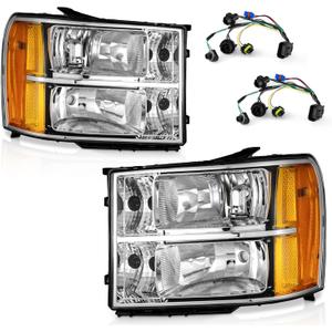 WEELMOTO for 2007-2013 Sierra Headlights for 07-13 GMC Sierra 1500/07-14 Sierra 2500 HD 3500 HD Headlamp Chrome Housing Amber Reflector Left+Right wiring harness included