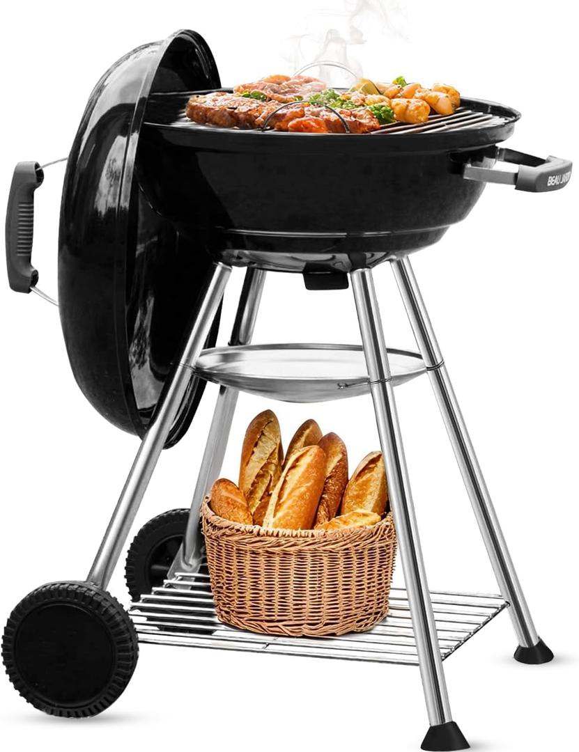 BEAU JARDIN Charcoal Grill 18 Inch for Outdoor Cooking BBQ Barbecue Coal Kettle Bowl Grill Portable Heavy Duty Round with Wheels Grilling for Tailgating Patio Backyard Camping Black