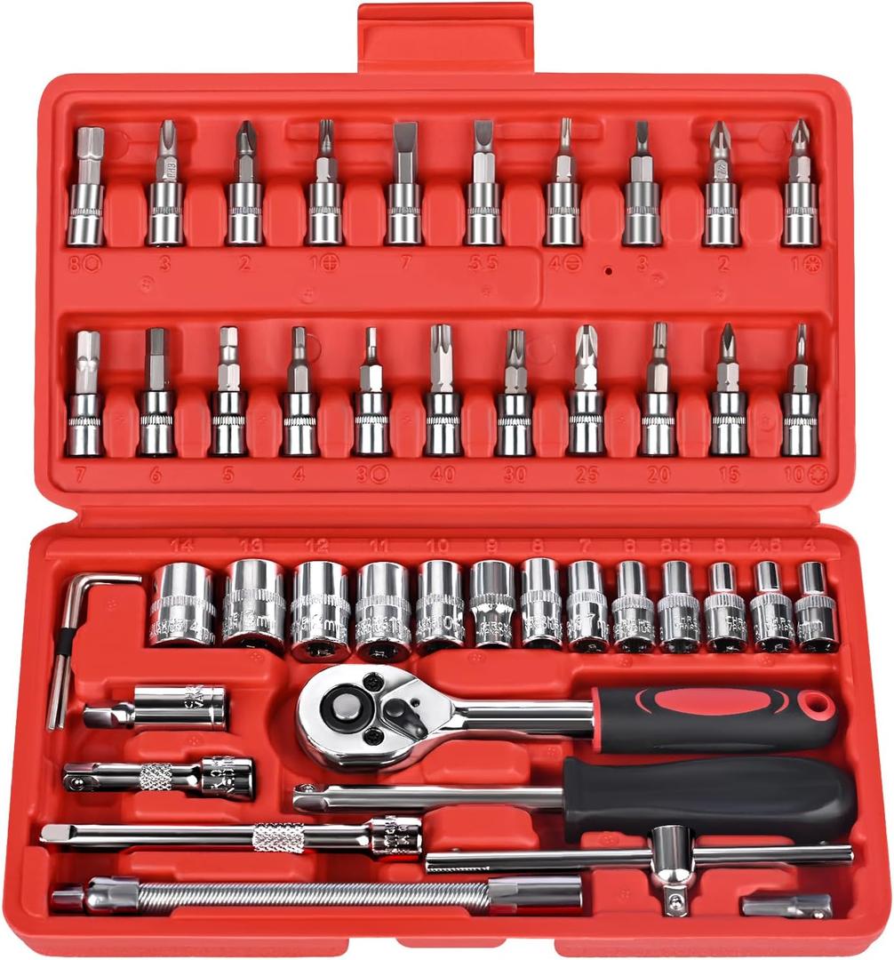 46PCS Socket Ratchet Wrench Set, 1/4 Inch Drive Small Tool Set with Screwdriver Bit Sockets Extension Bar and Storage Case, Metric Socket Set for Car Repair and Home Use