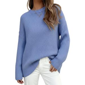 PRETTYGARDEN Womens Spring Sweaters 2026 Casual Chunky Crewneck Long Sleeve Ribbed Knit Oversized Pullover Sweater Tops (Blue, XL)