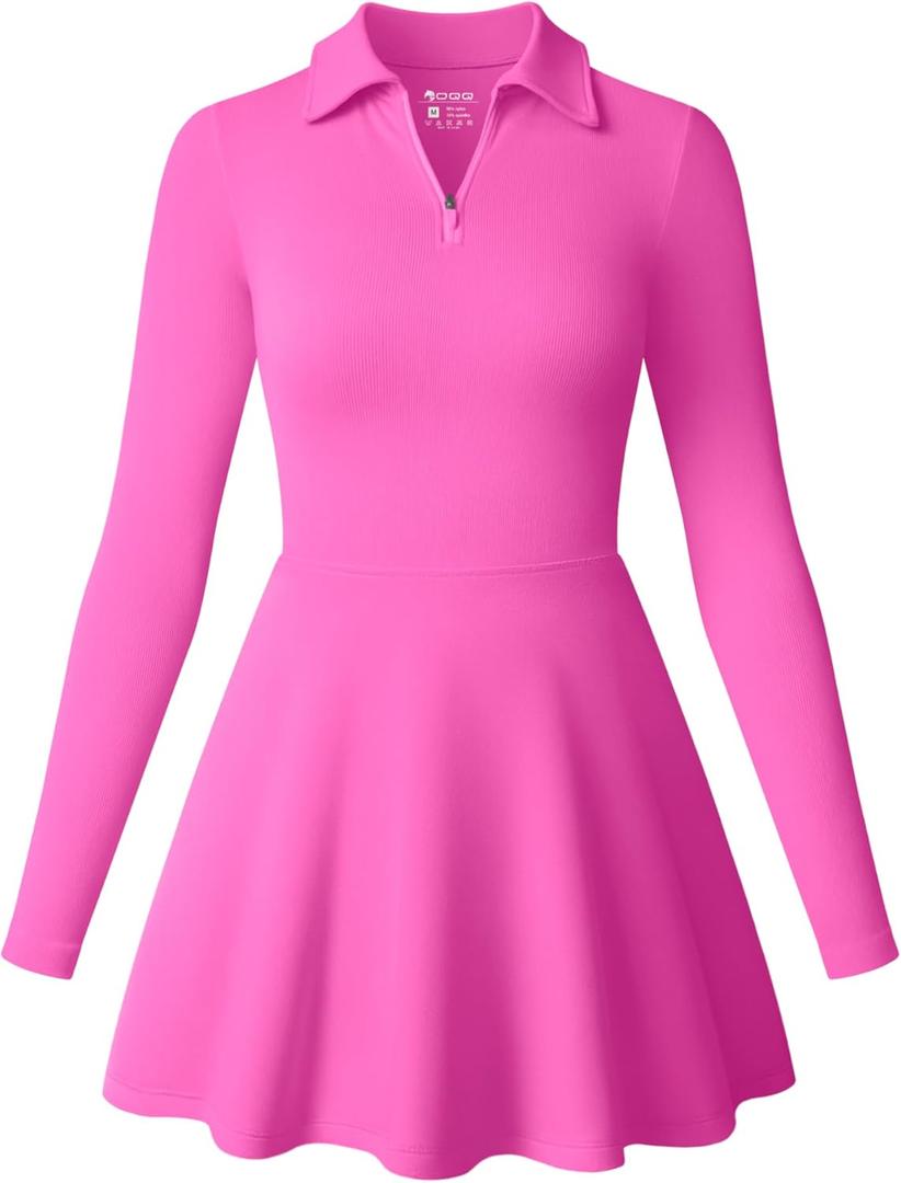 OQQ Womens Dress Casual Long Sleeve Elastic Simple A-Line Zipper Mini Dress (Rose) Size L