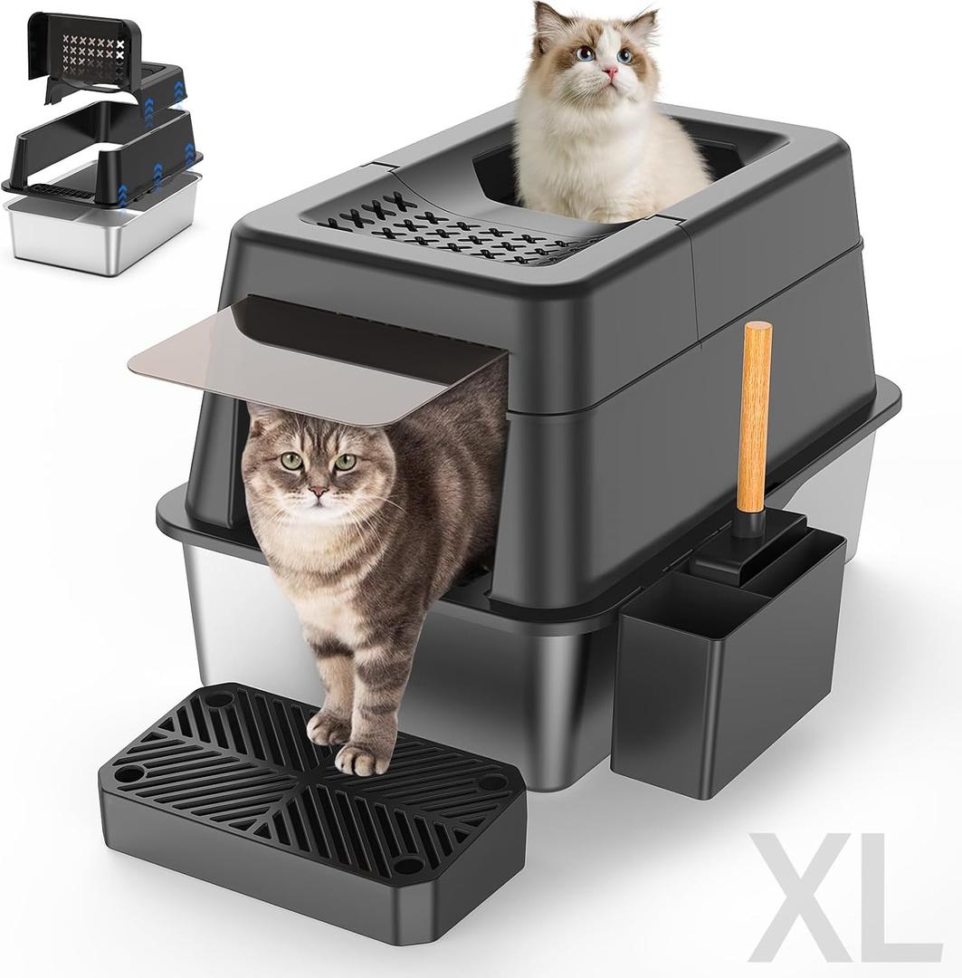 Aphyxen Stainless Steel Litter Box with Lid, XL Extra Large Enclosed Cat Litter Box Fits All Cats Modular Design with Flip Cover, Top Entry Metal High Sided Cat Box & Pedal & Scoop (Black)