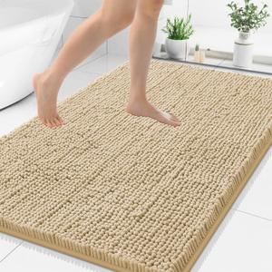 smiry Luxury Chenille Bath Rug, Extra Soft and Absorbent Shaggy Bathroom Mat Rugs, Machine Washable, Non-Slip Plush Carpet Runner for Tub, Shower, and Bath Room (48''x32'', Beige)