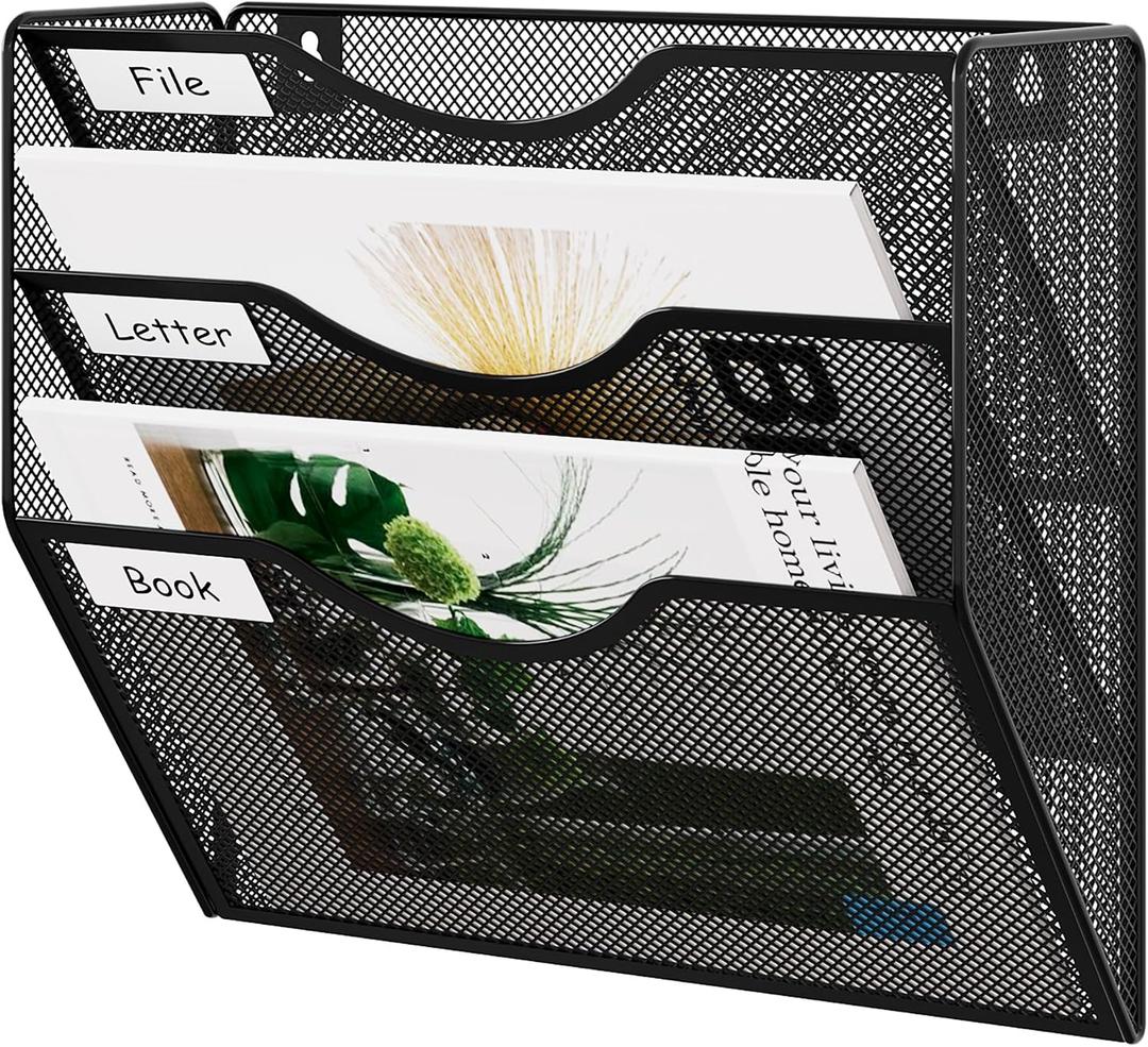 EasyPAG 3 Pocket Mesh Wall File Organizer, Hanging Paper Folder Holder with Classify Label, Vertical Wall Mount Mail Organizer for Office Home Classroom, Black