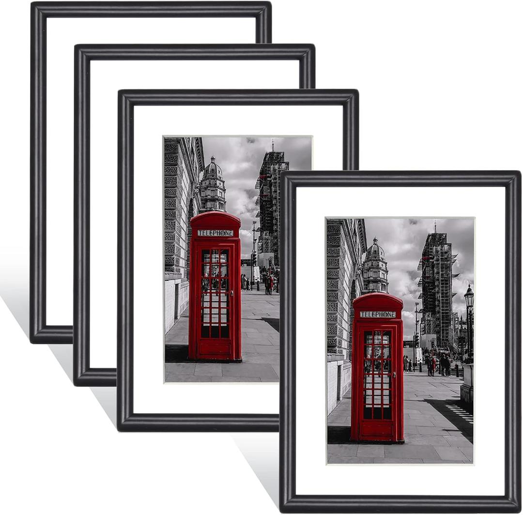 5x7 Picture Frame Set of 4, Black Thin Metal Floating Photo Frame with Glass, for Wall and Tabletop Display, Fit 4x6 with Mat or 5 x 7 without Mat