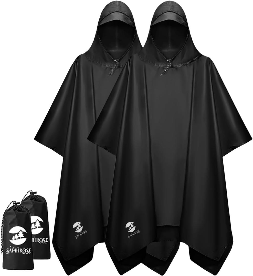 SaphiRose Hooded Rain Poncho Waterproof Raincoat Jacket for Men Women Adults (One Size, Black 2-pack)