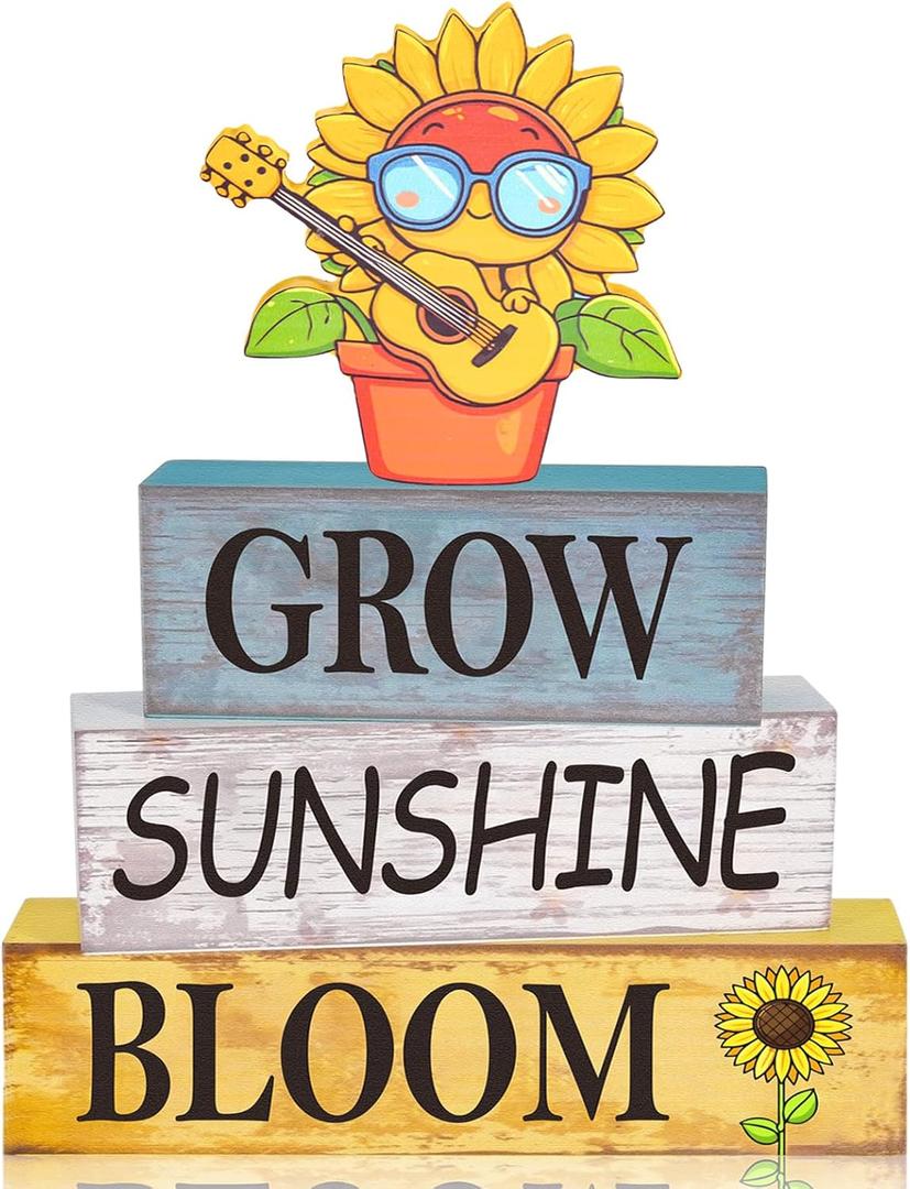4 Pcs Sunflower Decor for Summer Wooden Tiered Tray Sign  Table Decorations Musician Sunflower Book Stack Block Sunshine Table Centerpiece for Home, Parties & Sunflower Gifts for Women