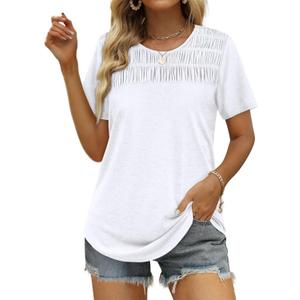 OFEEFAN Women's Summer Tops 2025 Trendy Short Sleeve Shirts Smocked Crewneck Tee (3X-Large, B-white)