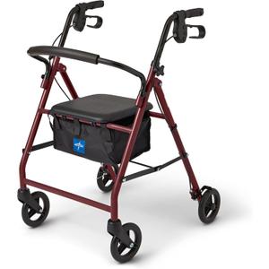 Medline Aluminum Rollator Walker with Seat, Burgundy, 250 lb. Weight Capacity, Lightweight, 6 Wheels, Foldable, Adjustable Handles, Rolling Walker for Seniors