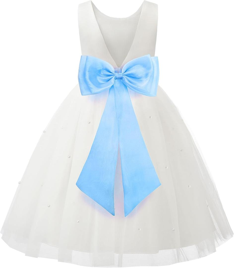JerrisApparel Flower Girls Dress Wedding Satin Dresses Princess Birthday Party Prom Ball Gown (3-4T, White+blue)